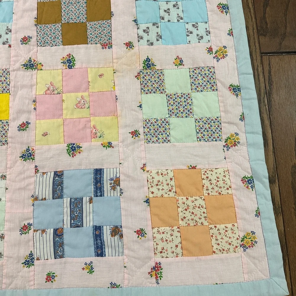 Handmade 9 Patch Pattern Baby Girl Quilt 36.6x52.5” Floral Bunnies Rooster